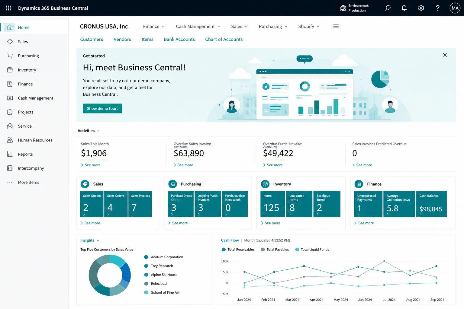 Business Central Role Center dashboard screen